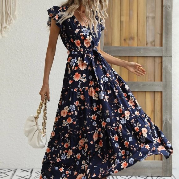. Dresses & Skirts - boho Floral Print Butterfly Sleeved Ruffle Hem Belted maxi Dress